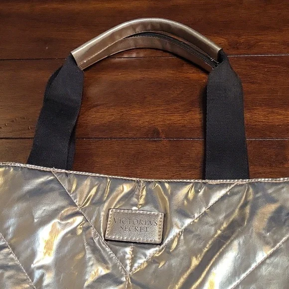 Victoria's Secret Shiny Silver Tote with Black Handles (NEW) - Picture 1 of 6